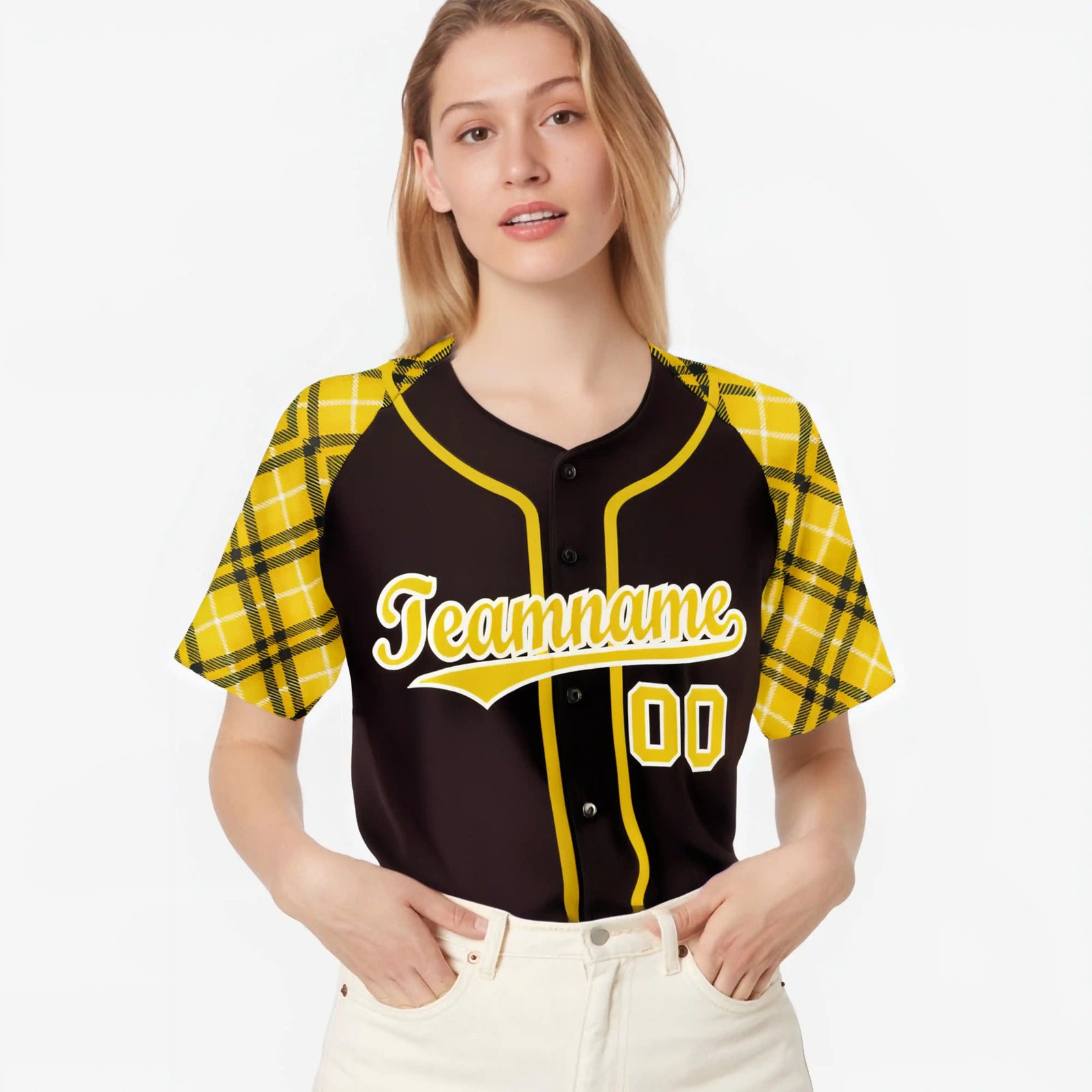 Custom Brown Yellow-White Authentic Plaid sleeve Baseball Jersey