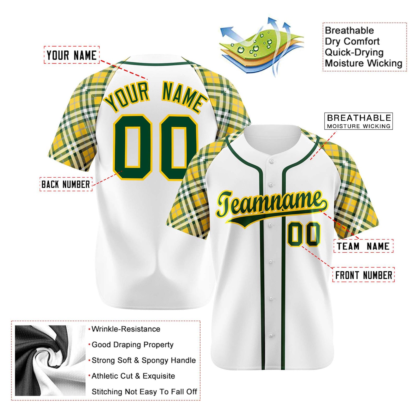 Custom White Yellow-Green Authentic Plaid sleeve Baseball Jersey