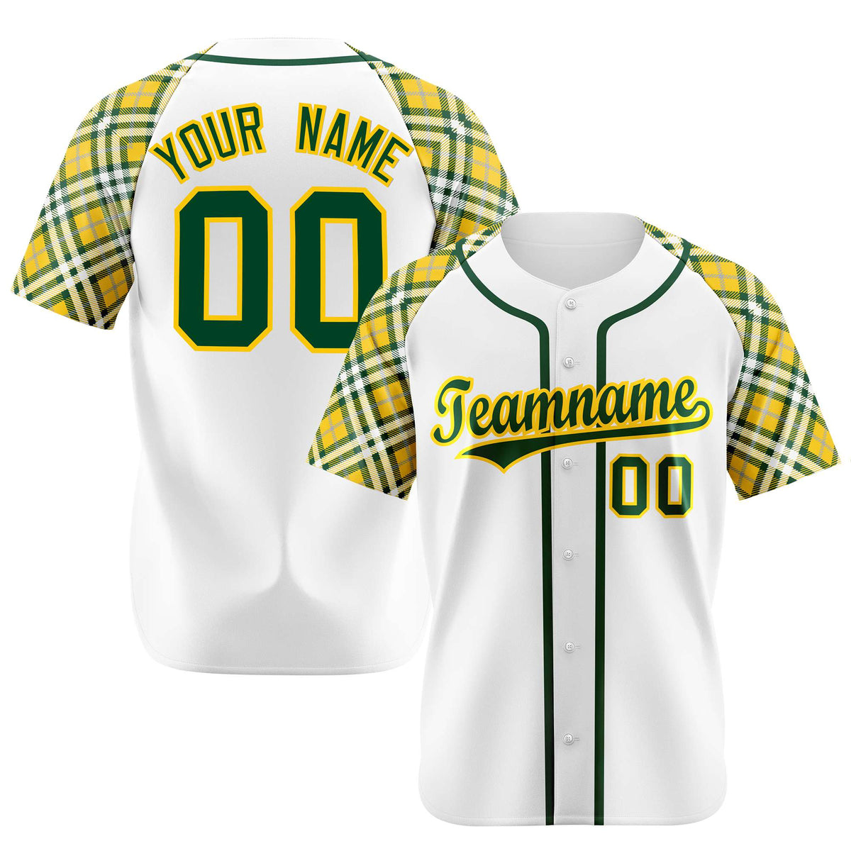 Custom White Yellow-Green Authentic Plaid sleeve Baseball Jersey