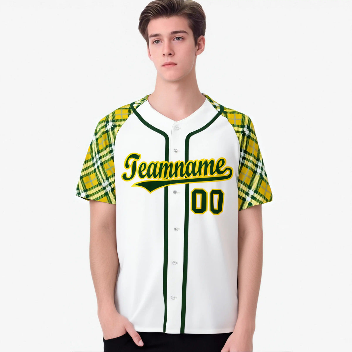 Custom White Yellow-Green Authentic Plaid sleeve Baseball Jersey