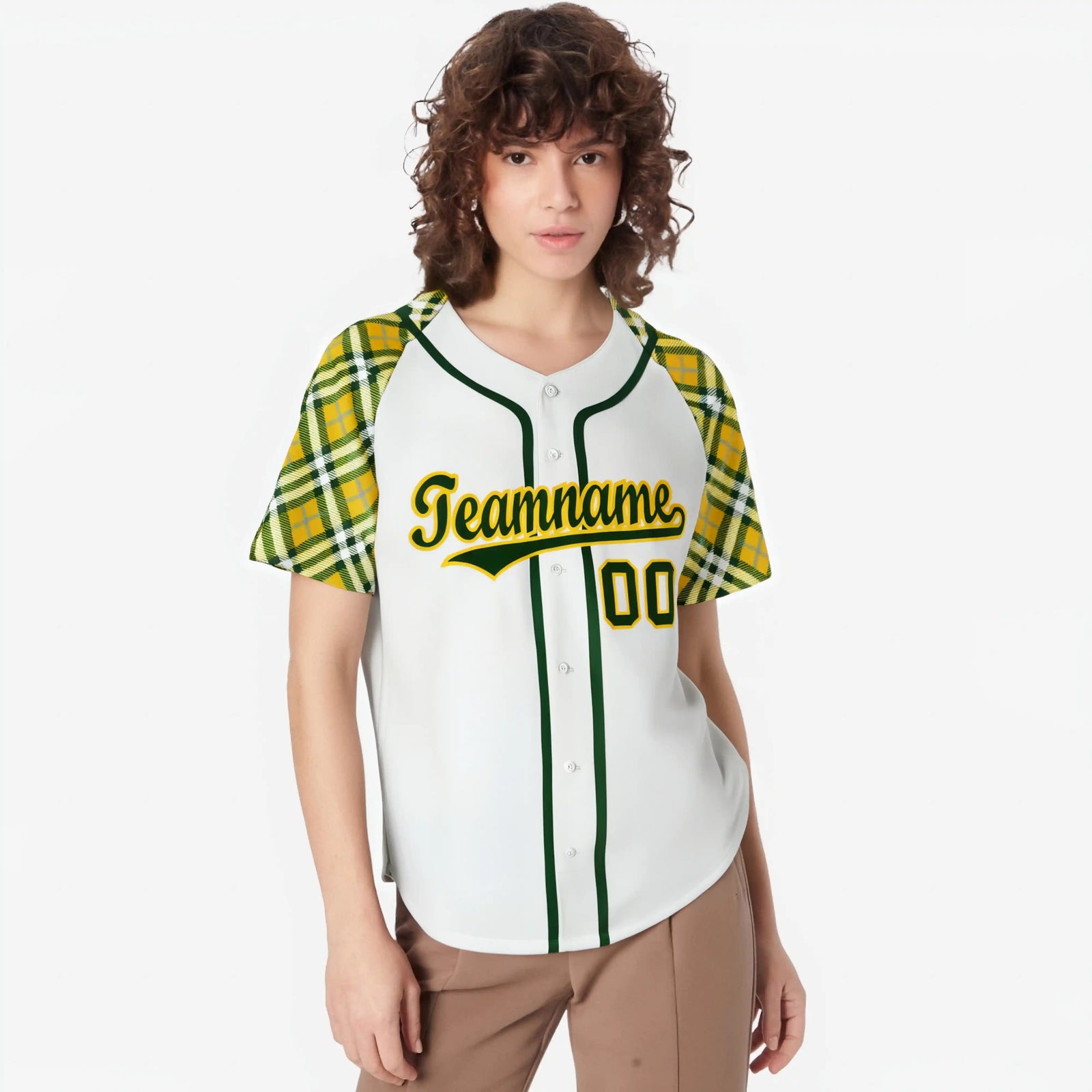 Custom White Yellow-Green Authentic Plaid sleeve Baseball Jersey