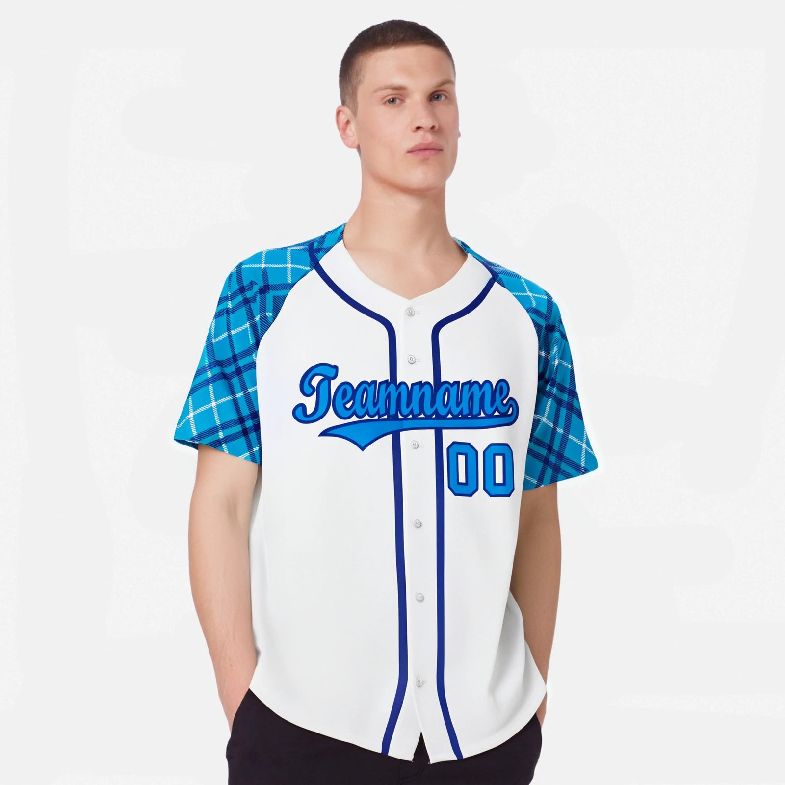 Custom White Purple-Blue Authentic Plaid sleeve Baseball Jersey