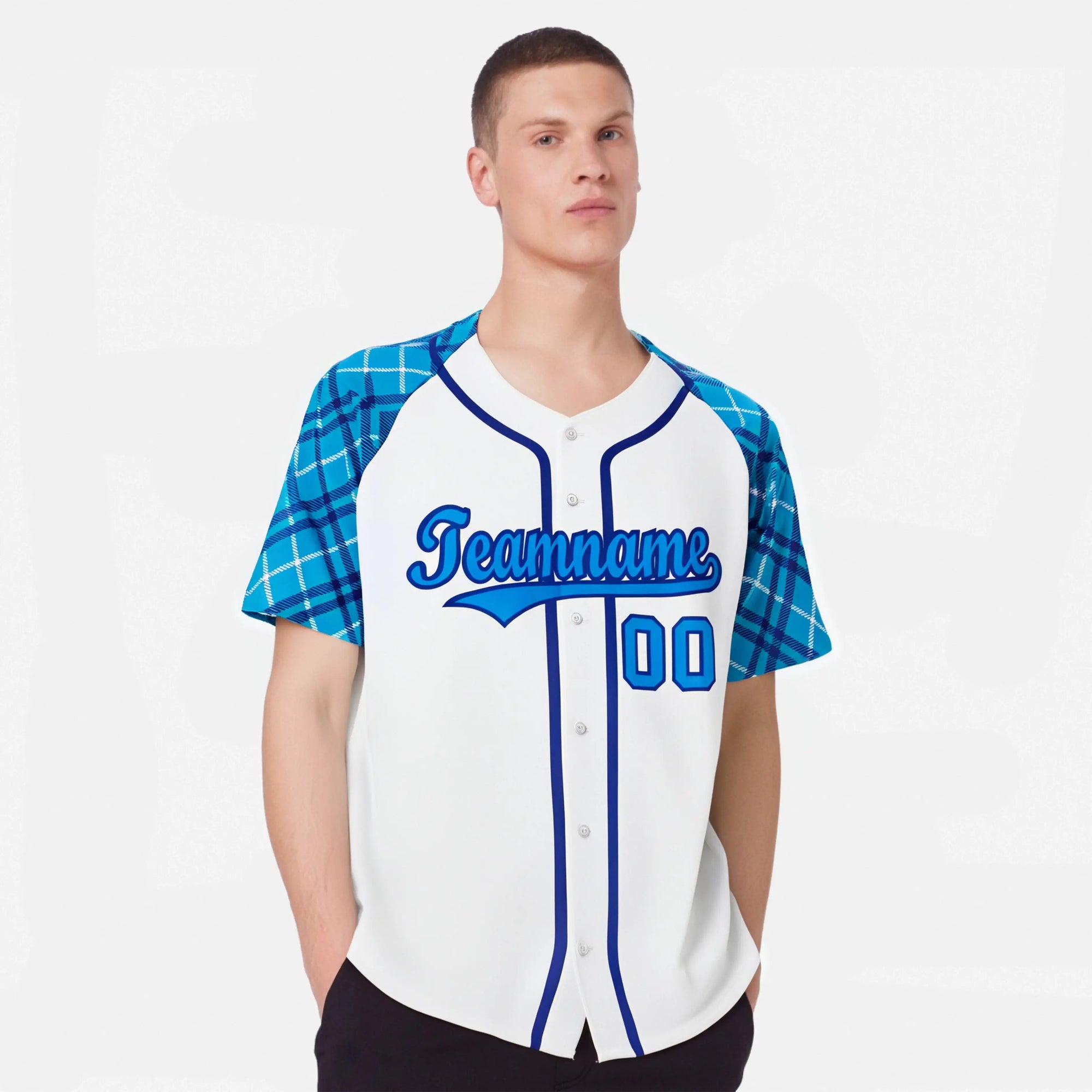 Custom White Purple-Blue Authentic Plaid sleeve Baseball Jersey