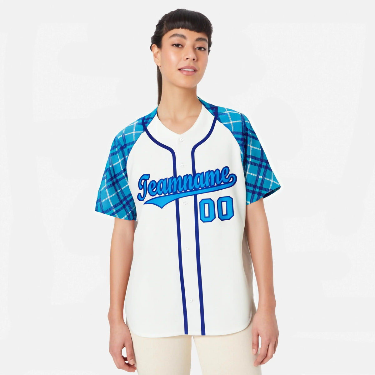 Custom White Purple-Blue Authentic Plaid sleeve Baseball Jersey