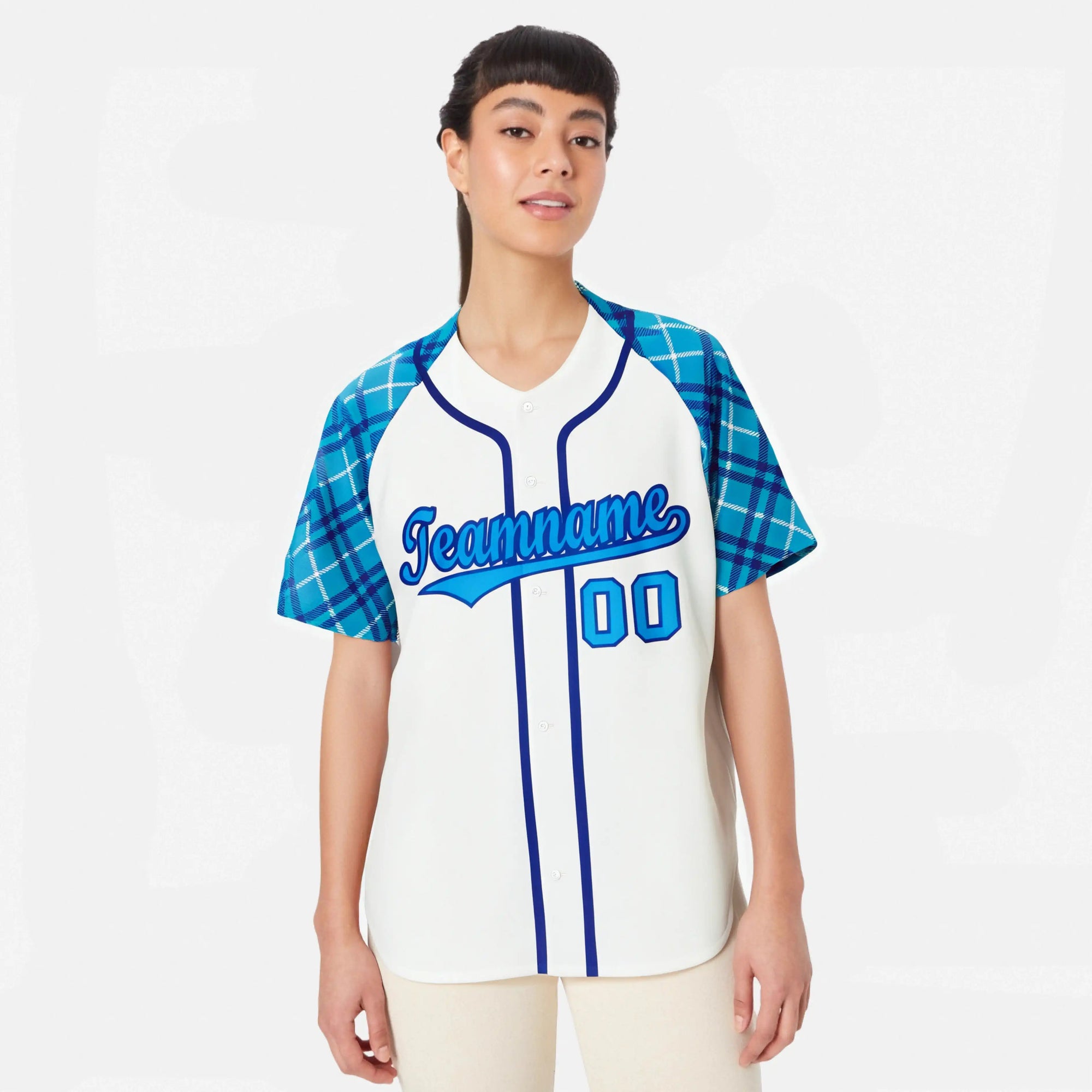 Custom White Purple-Blue Authentic Plaid sleeve Baseball Jersey