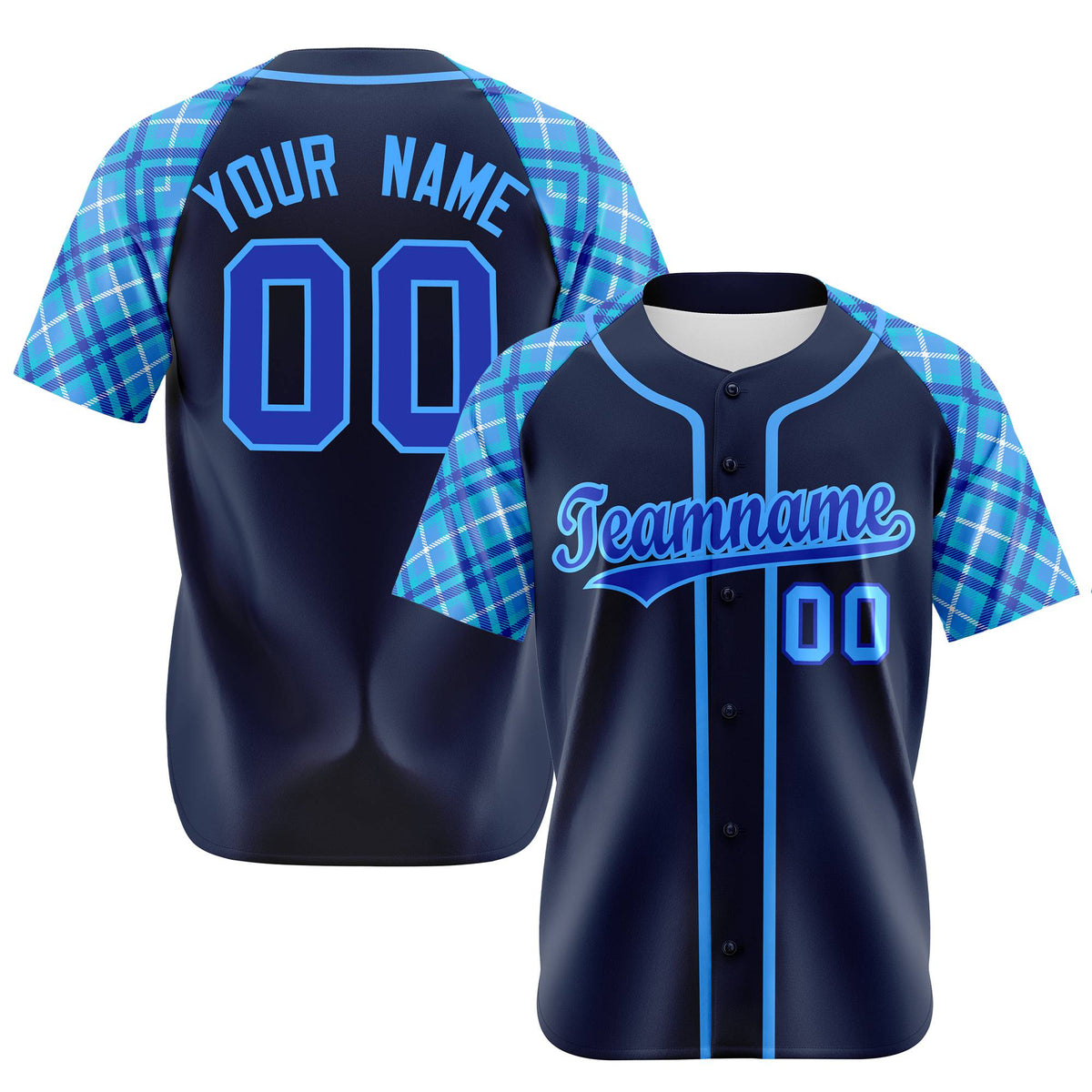 Custom Navy Purple-Blue Authentic Plaid sleeve Baseball Jersey