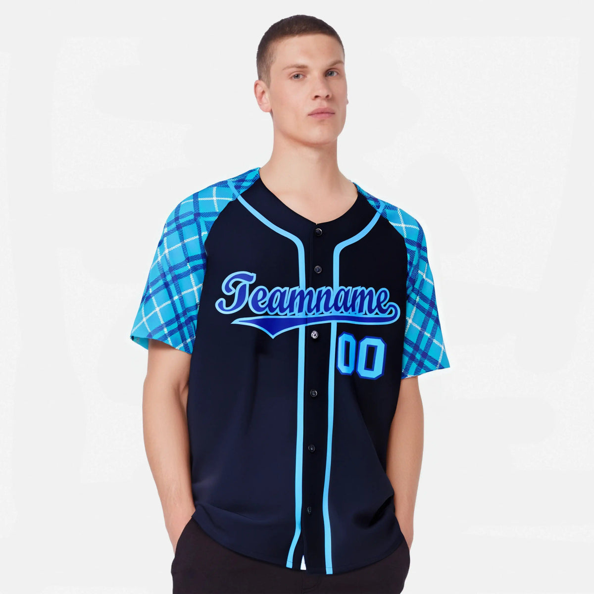 Custom Navy Purple-Blue Authentic Plaid sleeve Baseball Jersey