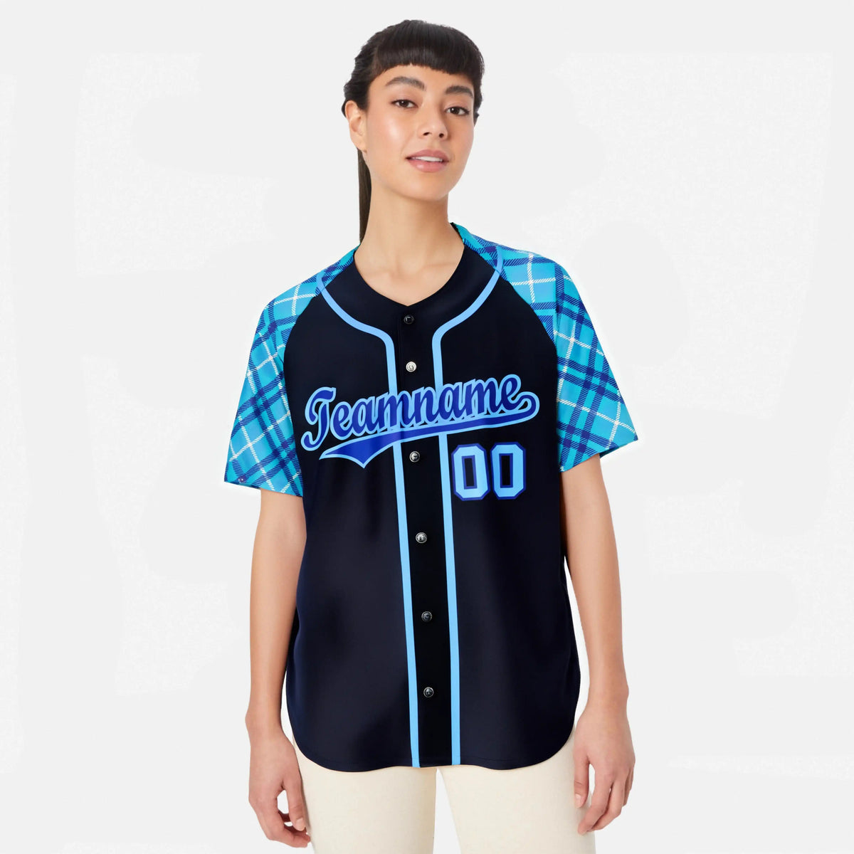 Custom Navy Purple-Blue Authentic Plaid sleeve Baseball Jersey