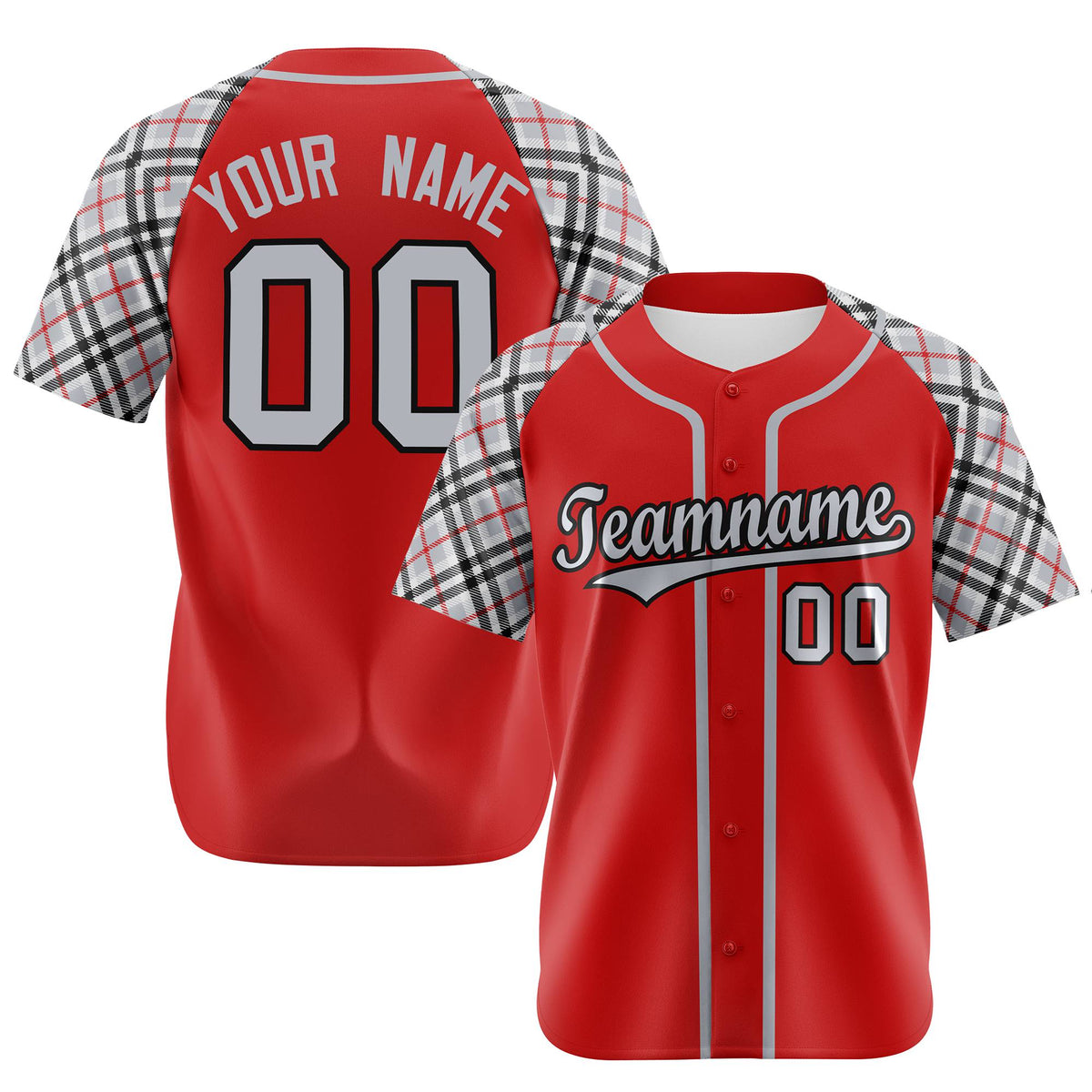 Custom Red Gray-Black Authentic Plaid sleeve Baseball Jersey