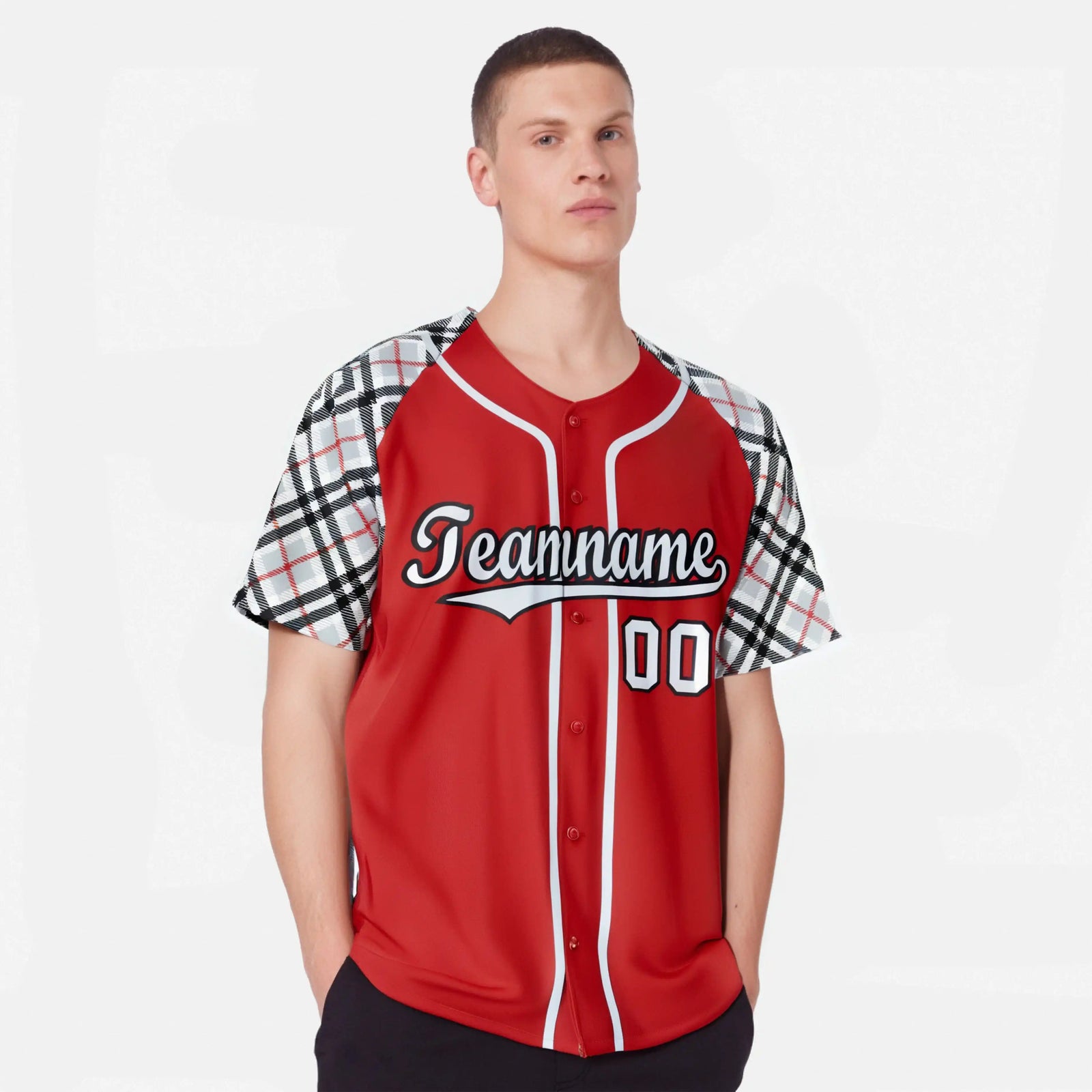 Custom Red Gray-Black Authentic Plaid sleeve Baseball Jersey