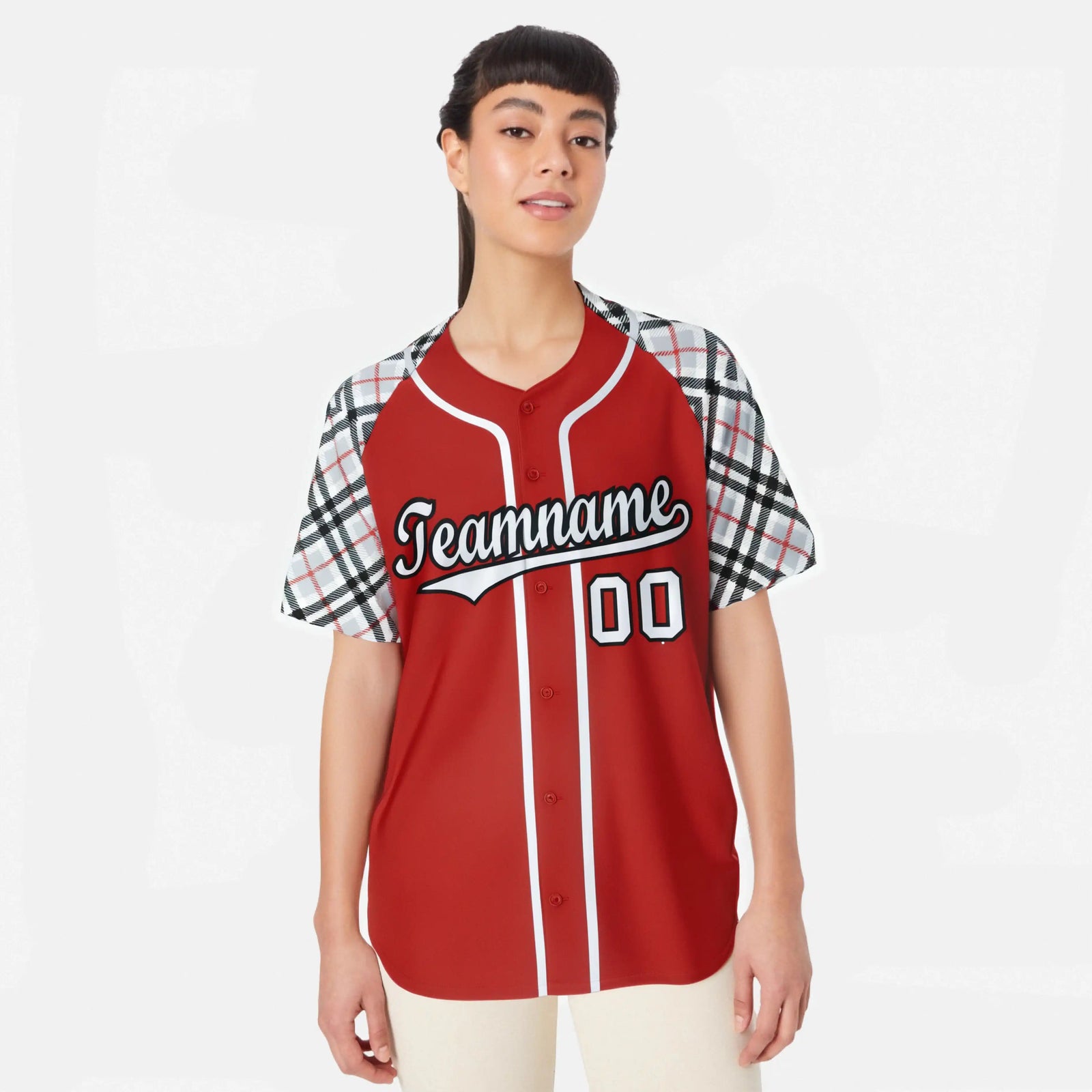 Custom Red Gray-Black Authentic Plaid sleeve Baseball Jersey