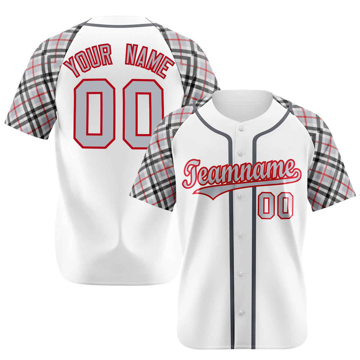 Custom White Gray-Red Black Authentic Plaid sleeve Baseball Jersey