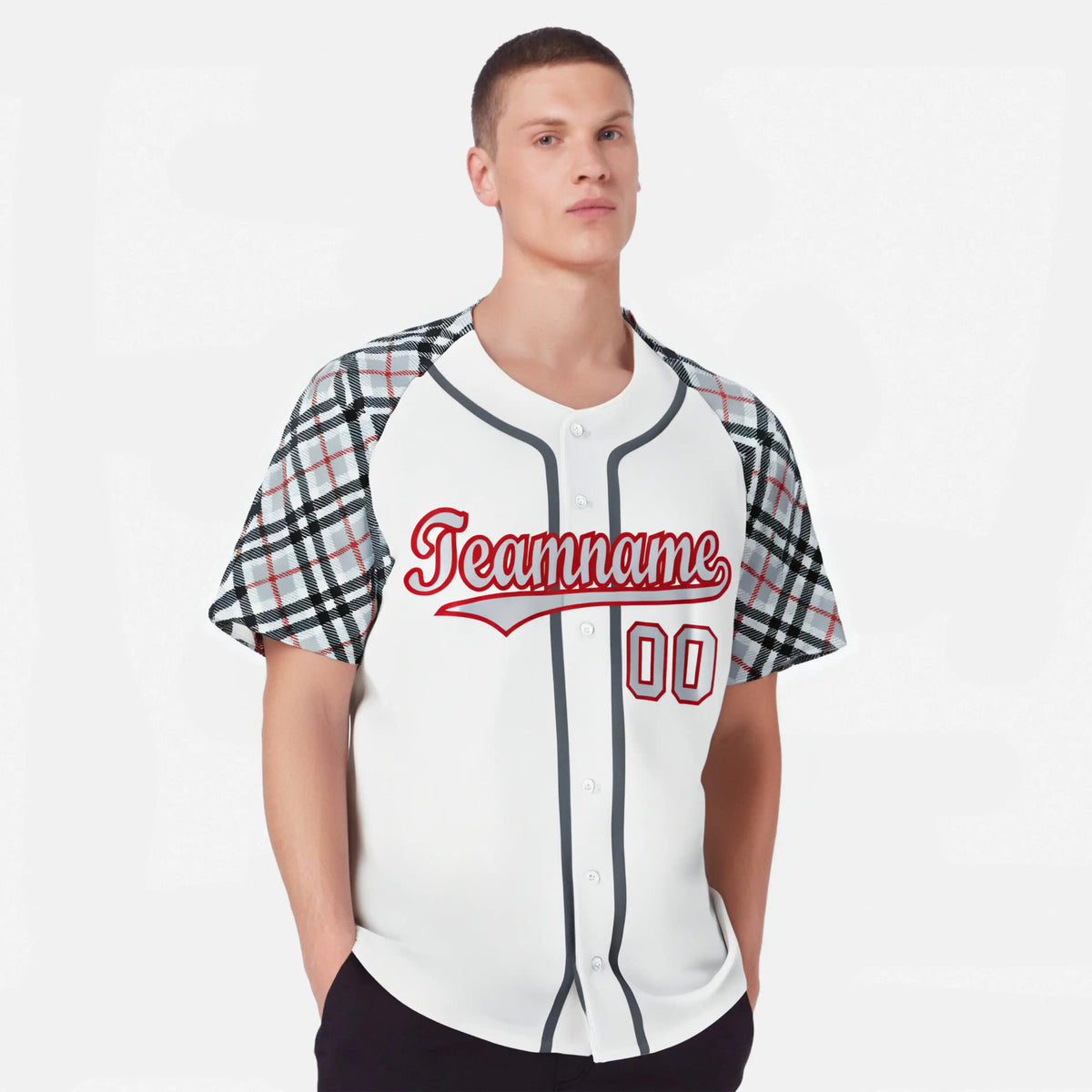 Custom White Gray-Red Black Authentic Plaid sleeve Baseball Jersey
