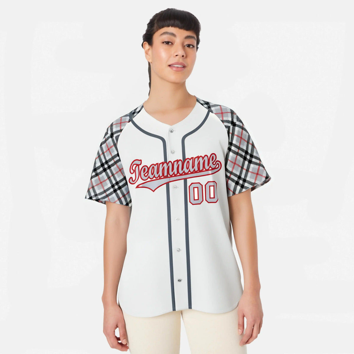 Custom White Gray-Red Black Authentic Plaid sleeve Baseball Jersey