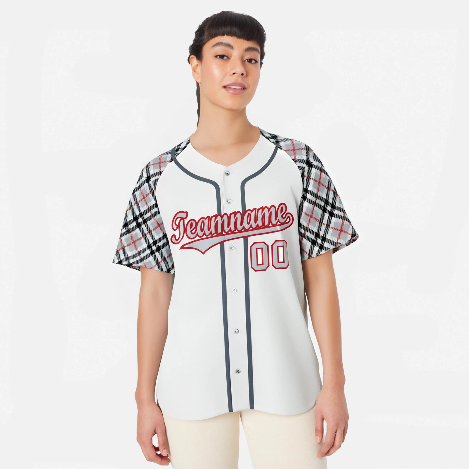 Custom White Gray-Red Black Authentic Plaid sleeve Baseball Jersey