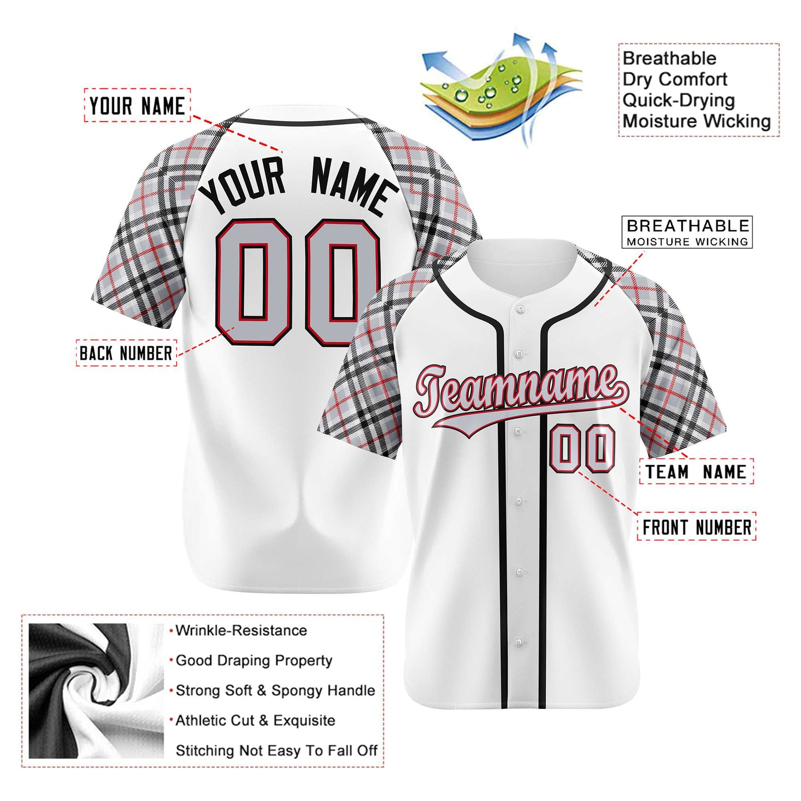 Custom White Gray-Red Black Authentic Plaid sleeve Baseball Jersey