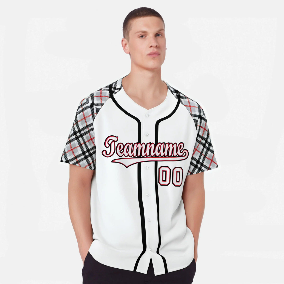 Custom White Gray-Red Black Authentic Plaid sleeve Baseball Jersey