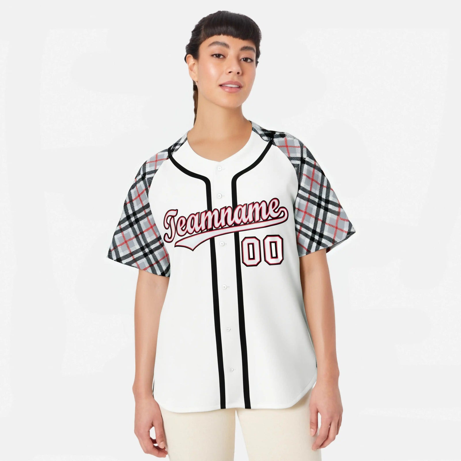 Custom White Gray-Red Black Authentic Plaid sleeve Baseball Jersey