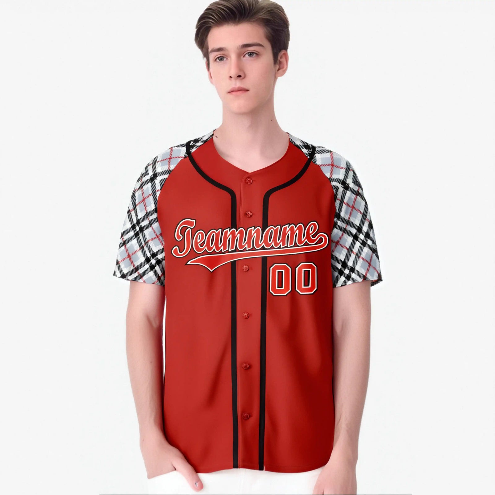 Custom Red Gray-White Black Authentic Plaid sleeve Baseball Jersey