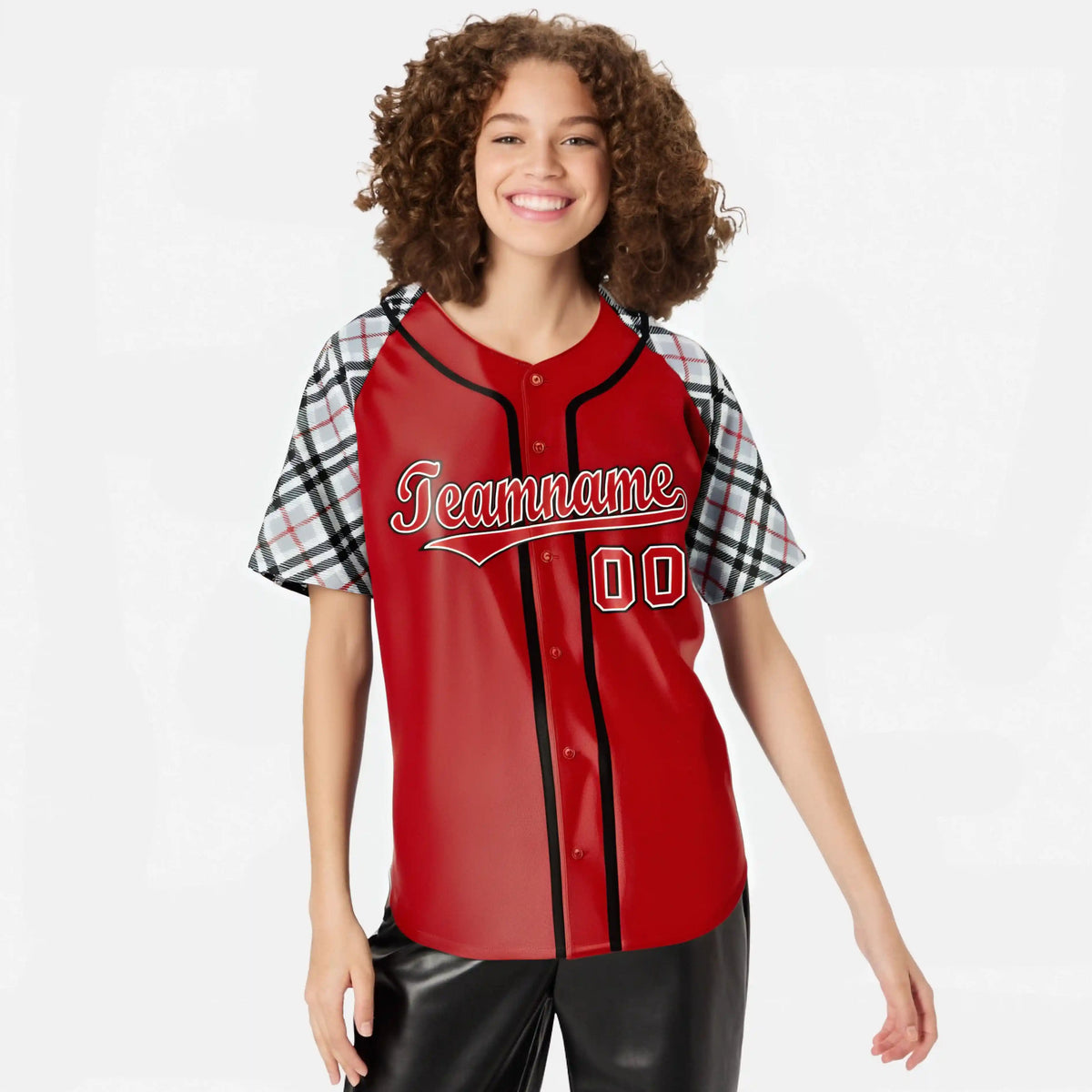 Custom Red Gray-White Black Authentic Plaid sleeve Baseball Jersey