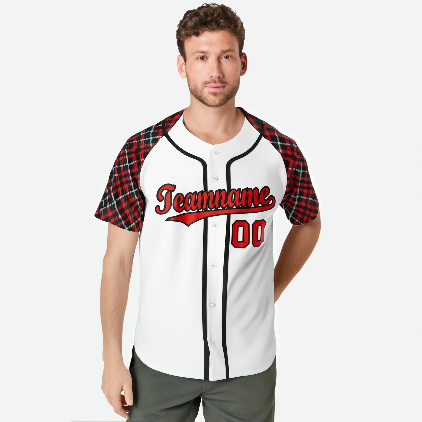 Custom White Crimson-Black Authentic Plaid sleeve Baseball Jersey