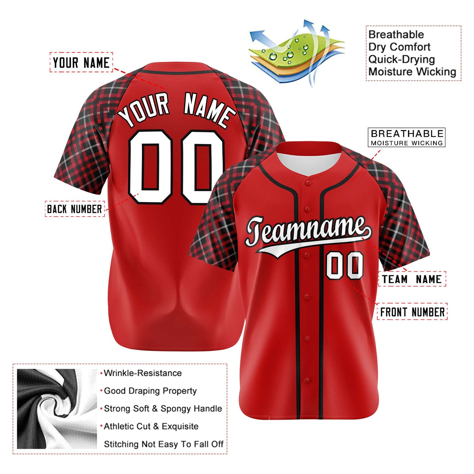 Custom Red Black-White Authentic Plaid sleeve Baseball Jersey