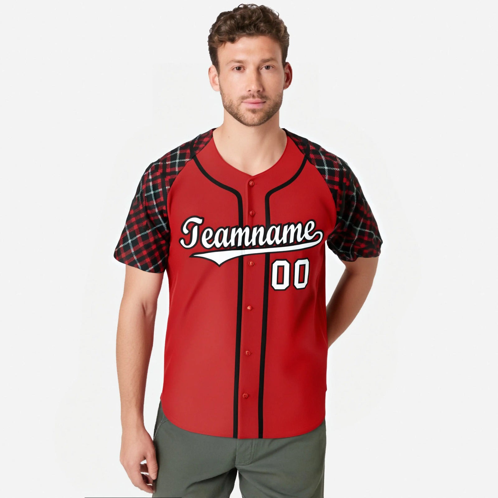 Custom Red Black-White Authentic Plaid sleeve Baseball Jersey