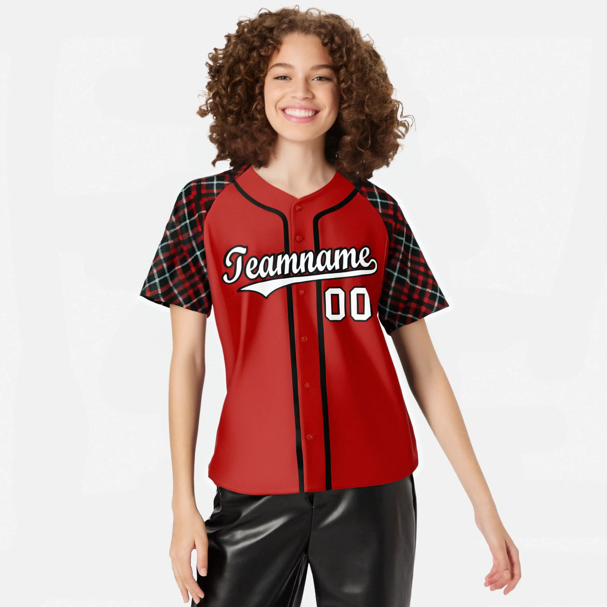 Custom Red Black-White Authentic Plaid sleeve Baseball Jersey