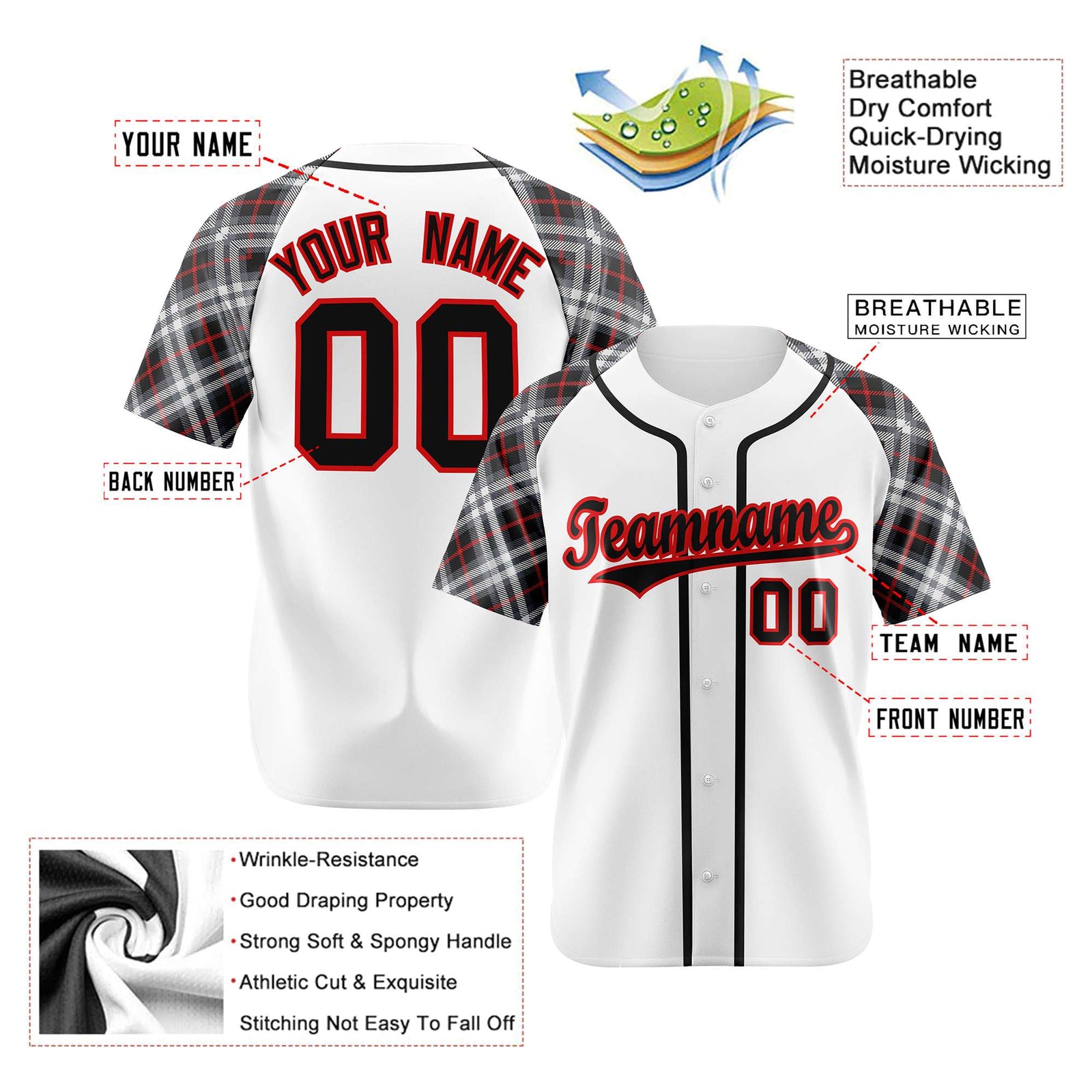 Custom White Red-Black Authentic Plaid sleeve Baseball Jersey