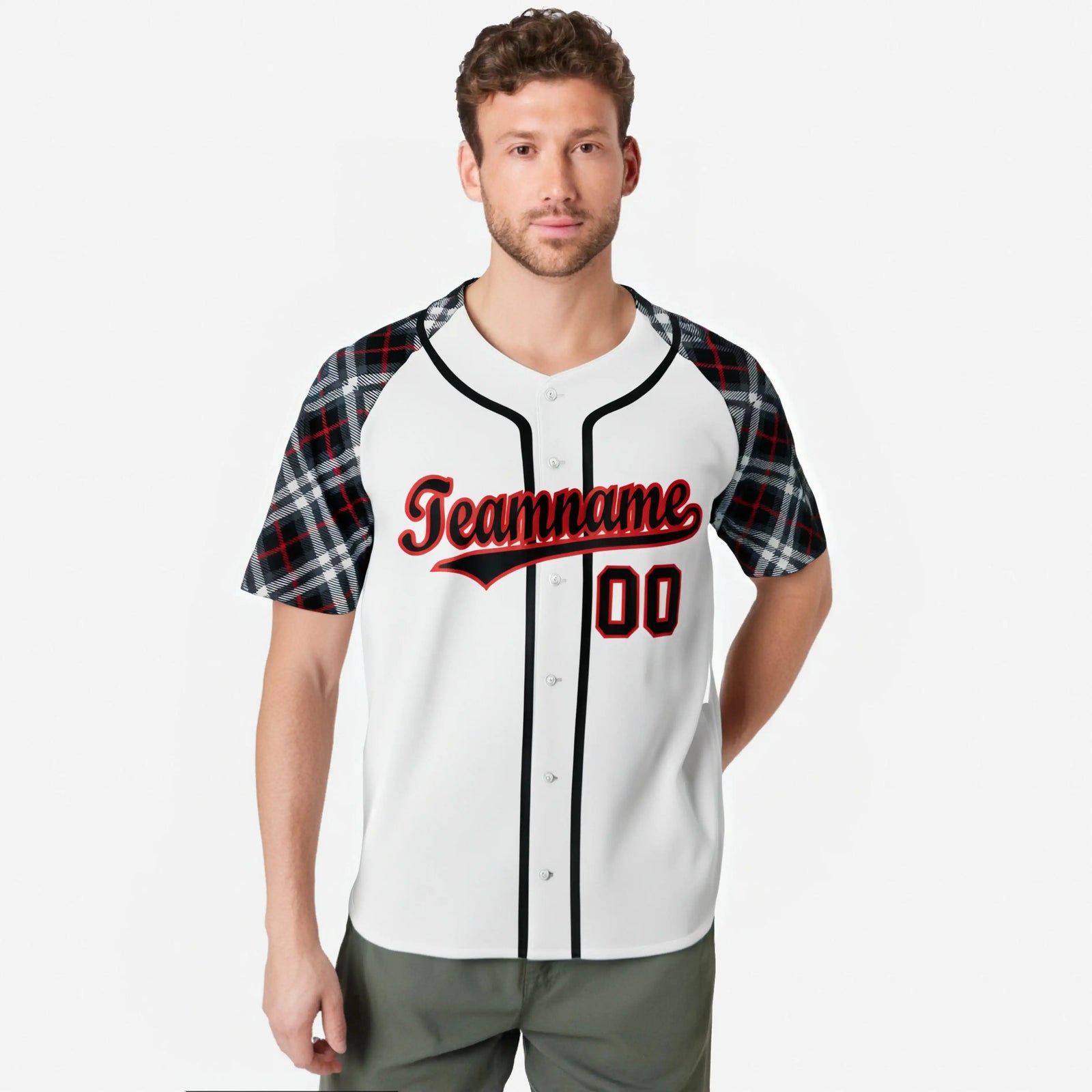 Custom White Red-Black Authentic Plaid sleeve Baseball Jersey