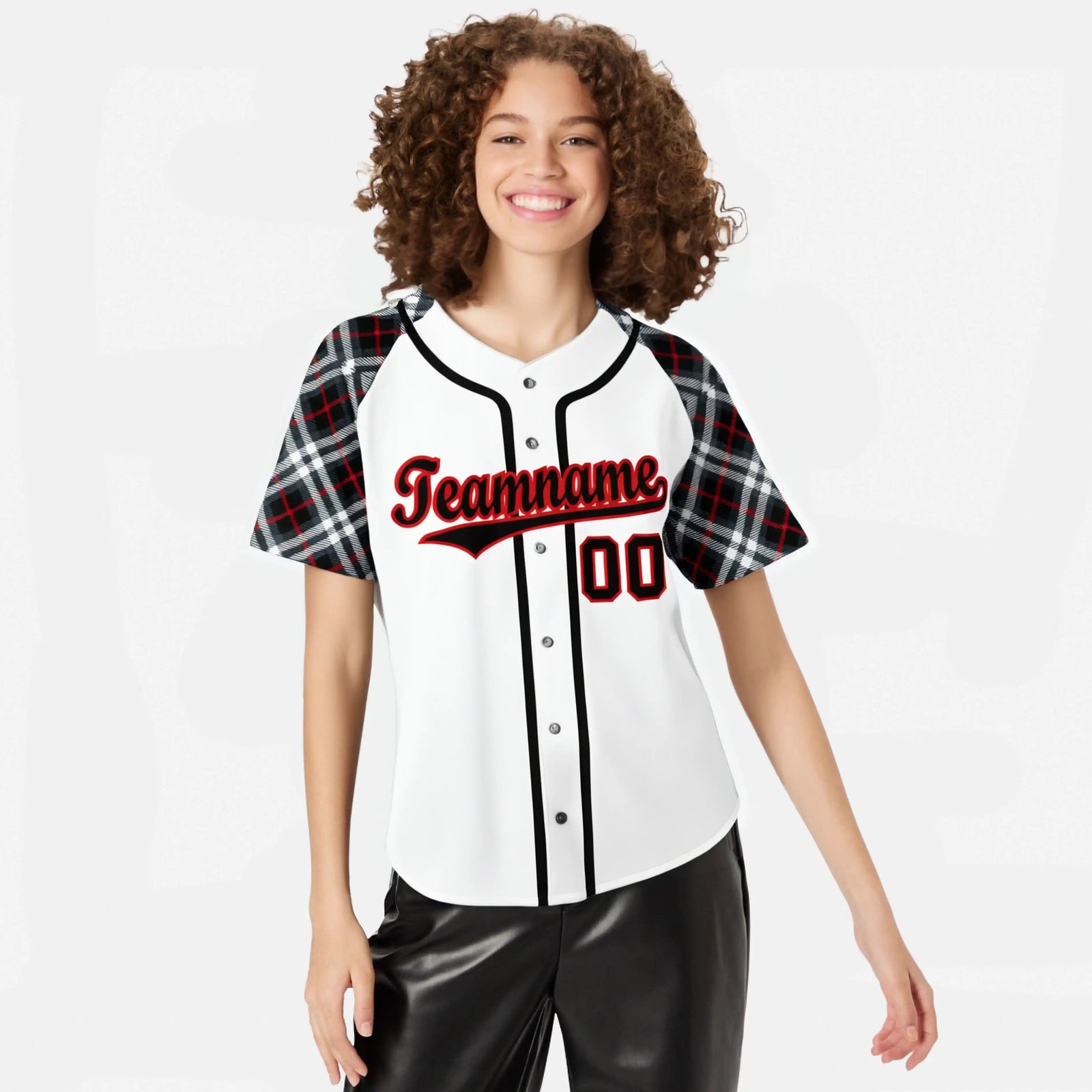 Custom White Red-Black Authentic Plaid sleeve Baseball Jersey