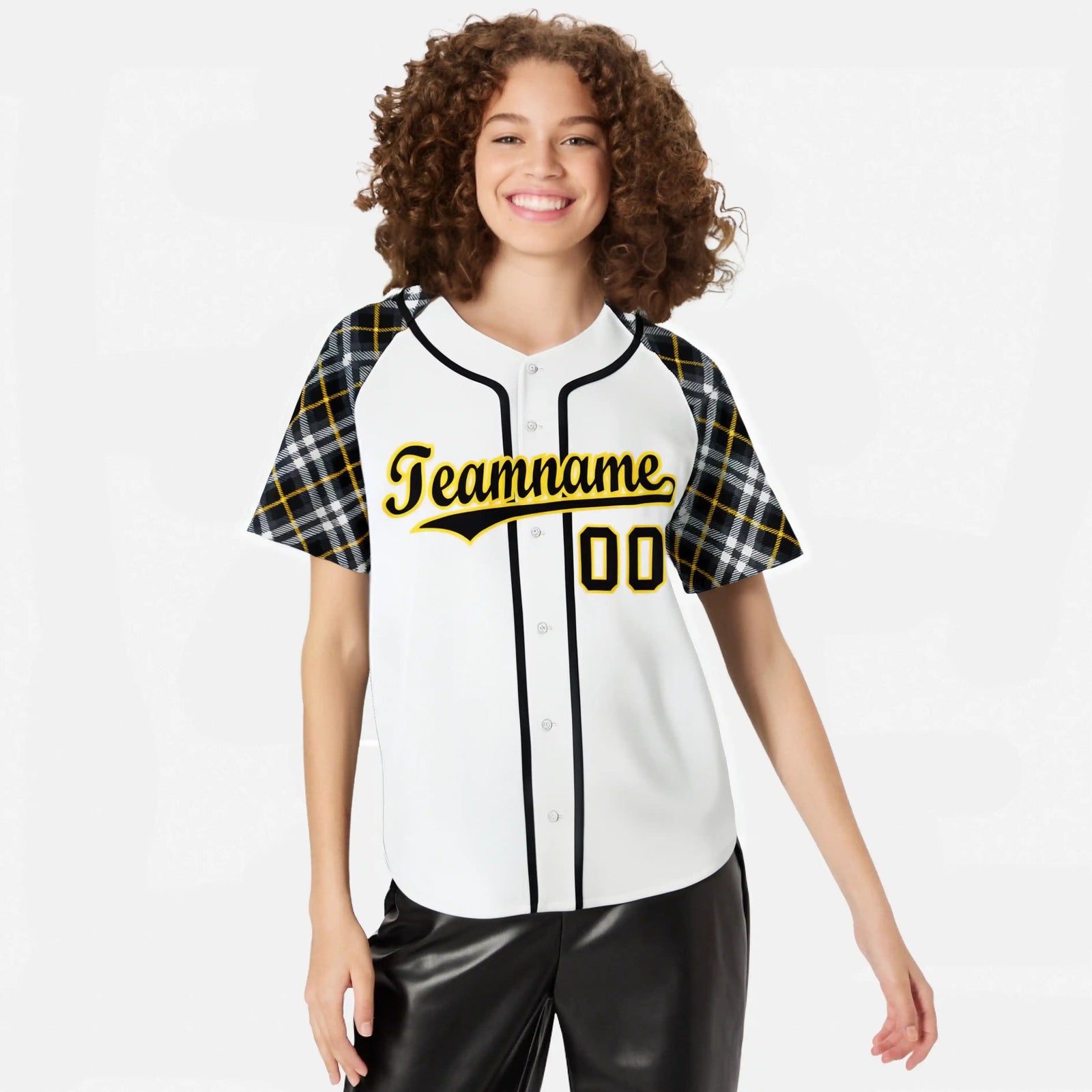 Custom White Gold-Black Authentic Plaid sleeve Baseball Jersey
