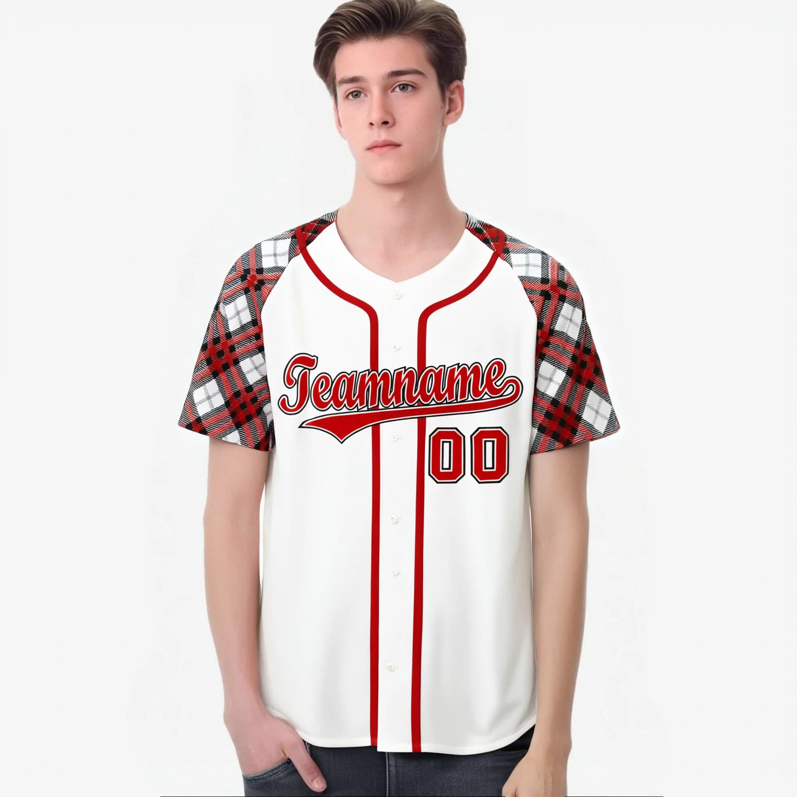 Custom White Red-Black Authentic Plaid sleeve Baseball Jersey