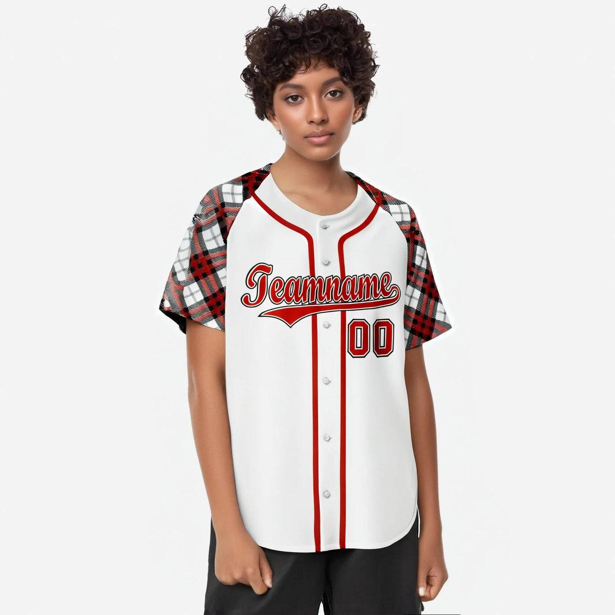 Custom White Red-Black Authentic Plaid sleeve Baseball Jersey