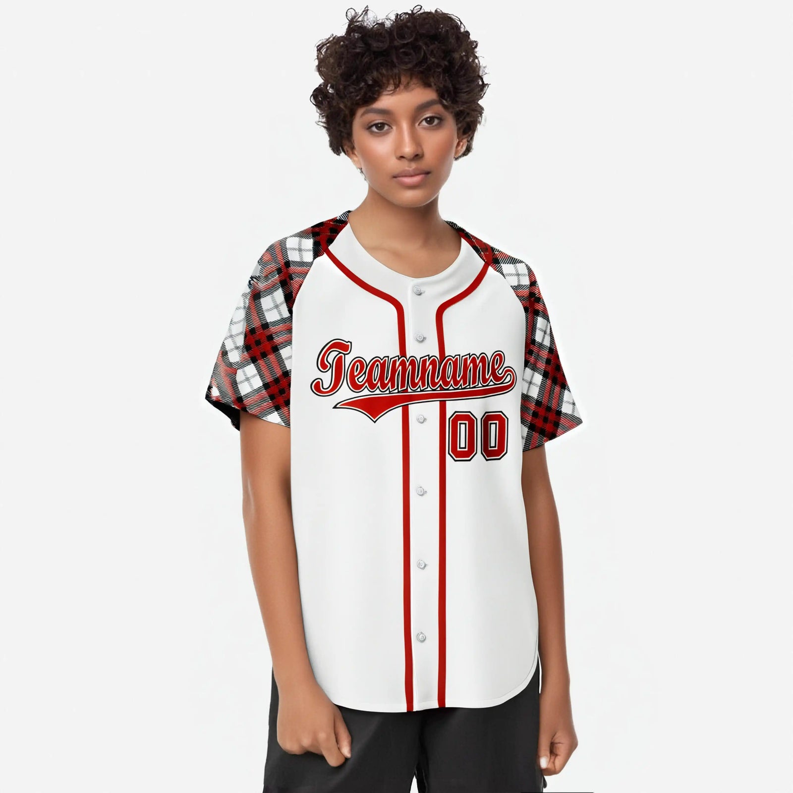 Custom White Red-Black Authentic Plaid sleeve Baseball Jersey