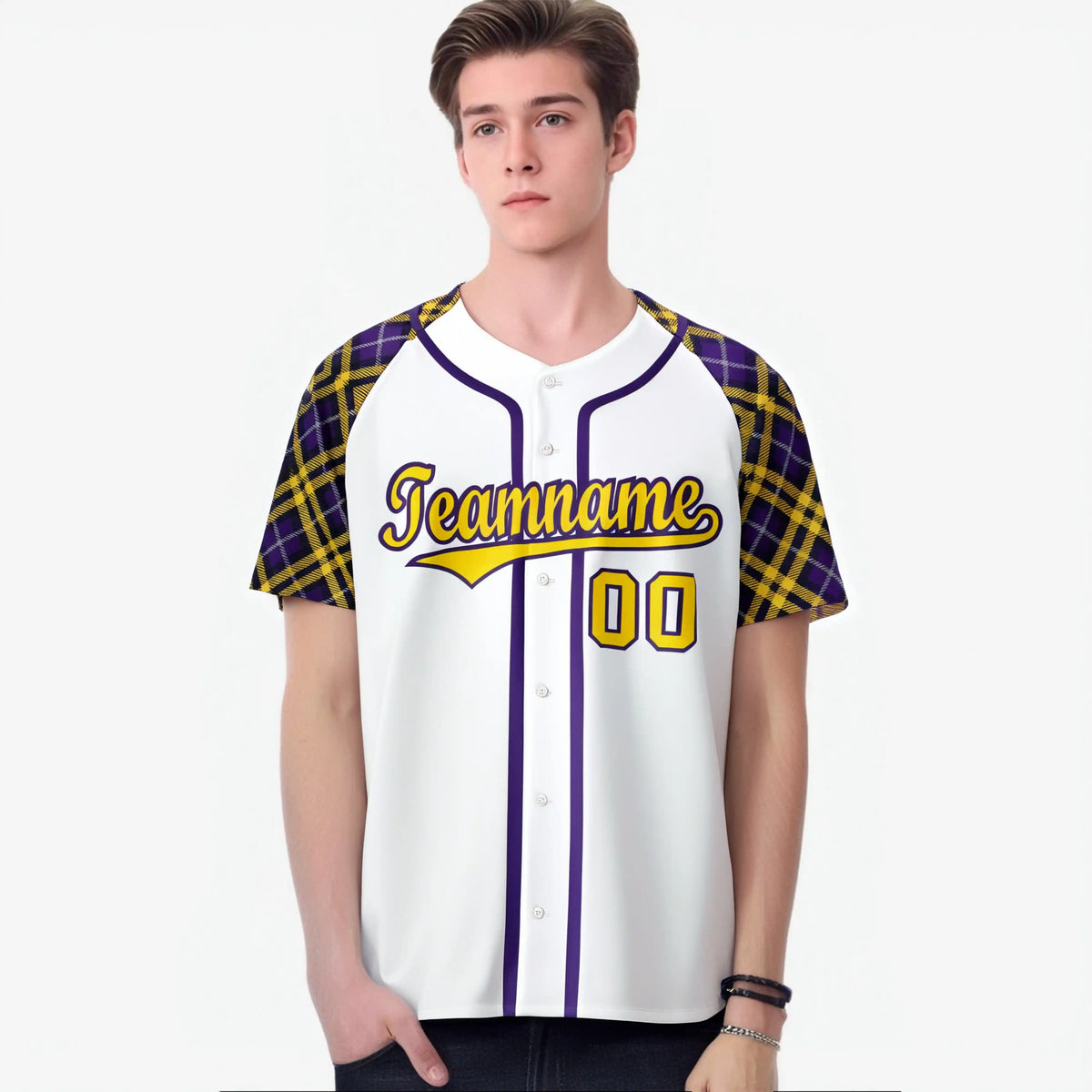 Custom White Yellow-Purple Authentic Plaid sleeve Baseball Jersey