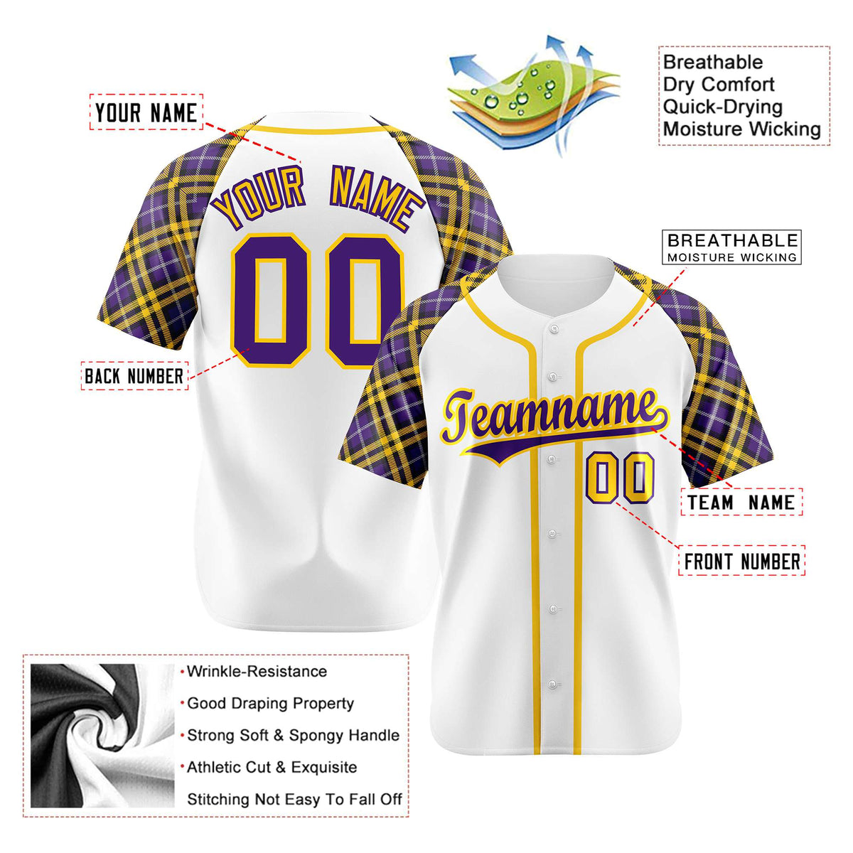 Custom White Purple-Yellow Authentic Plaid sleeve Baseball Jersey