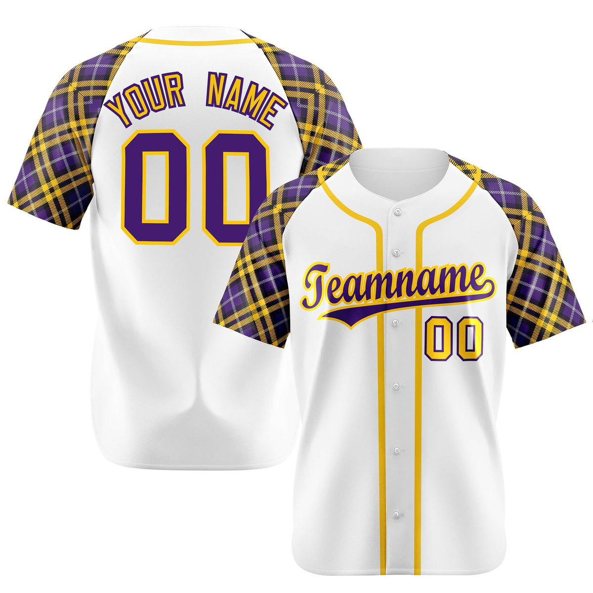 Custom White Purple-Yellow Authentic Plaid sleeve Baseball Jersey