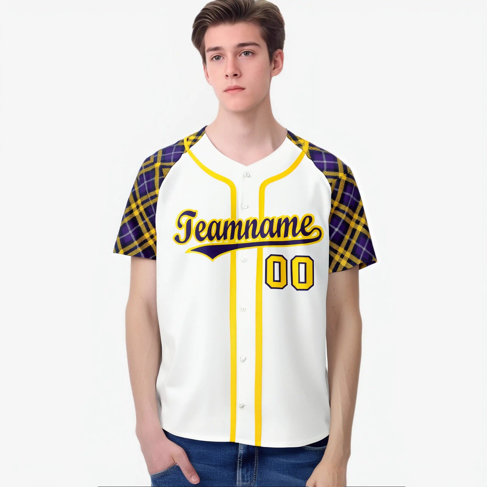 Custom White Purple-Yellow Authentic Plaid sleeve Baseball Jersey