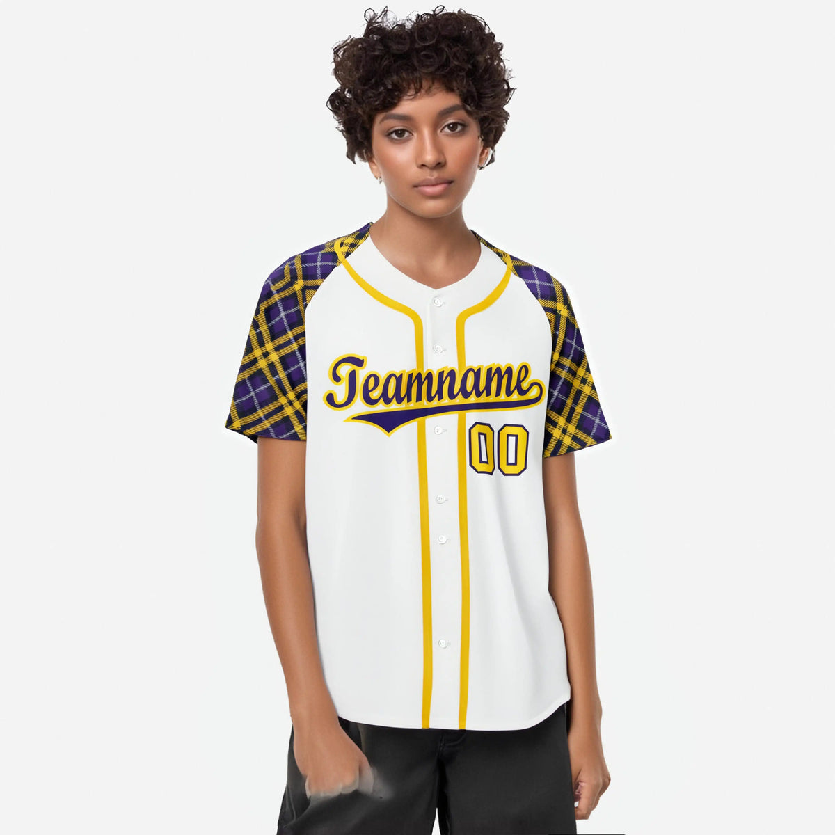 Custom White Purple-Yellow Authentic Plaid sleeve Baseball Jersey