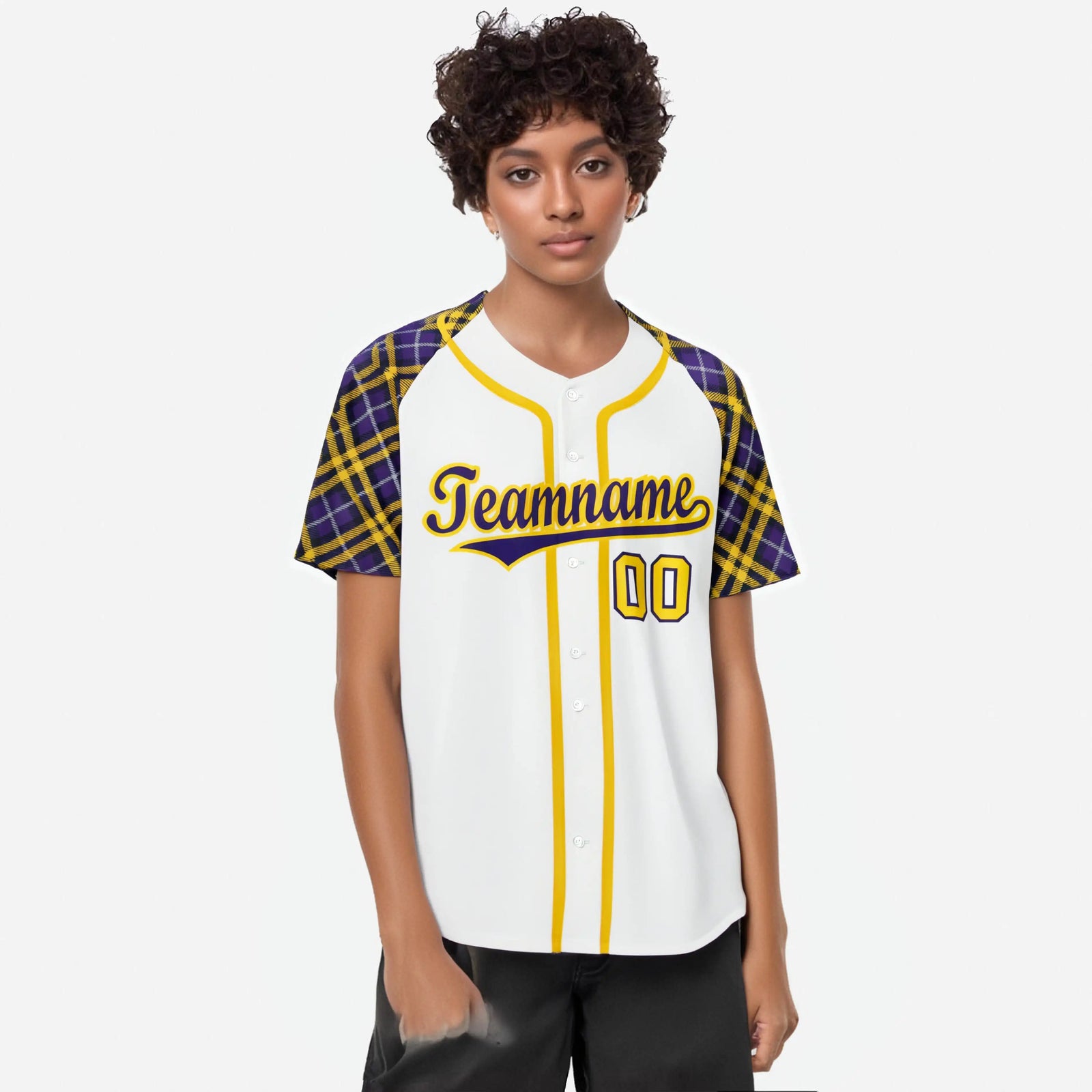 Custom White Purple-Yellow Authentic Plaid sleeve Baseball Jersey