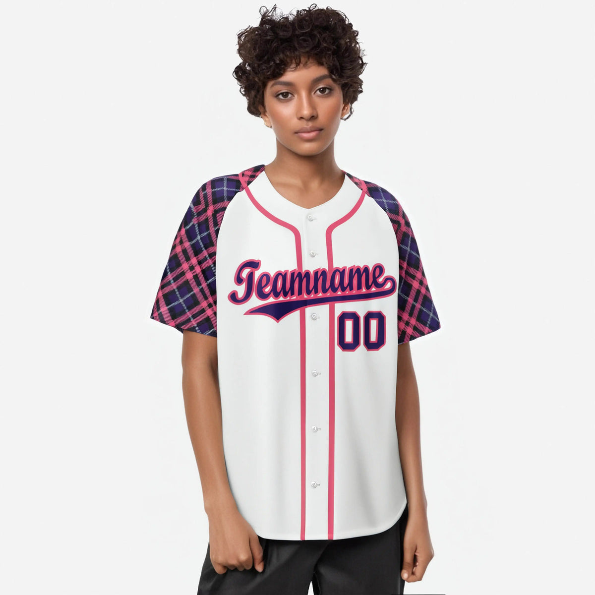 Custom White Purple-Pink Authentic Plaid sleeve Baseball Jersey
