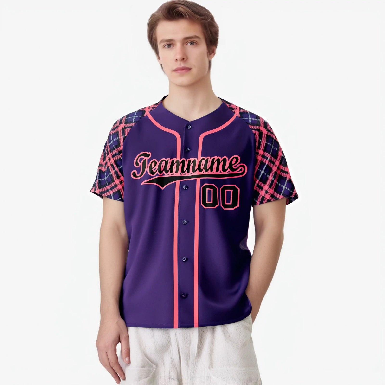 Custom Purple Pink-Black Authentic Plaid sleeve Baseball Jersey