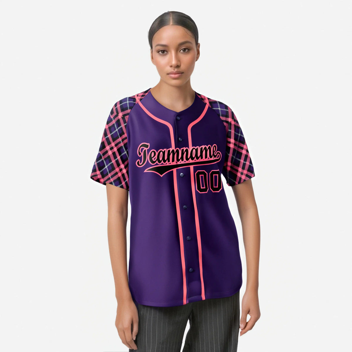 Custom Purple Pink-Black Authentic Plaid sleeve Baseball Jersey