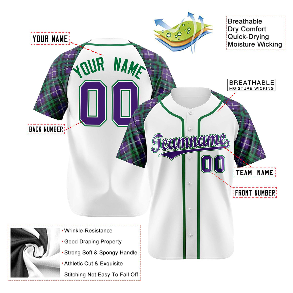 Custom White Purple-Green Authentic Plaid sleeve Baseball Jersey
