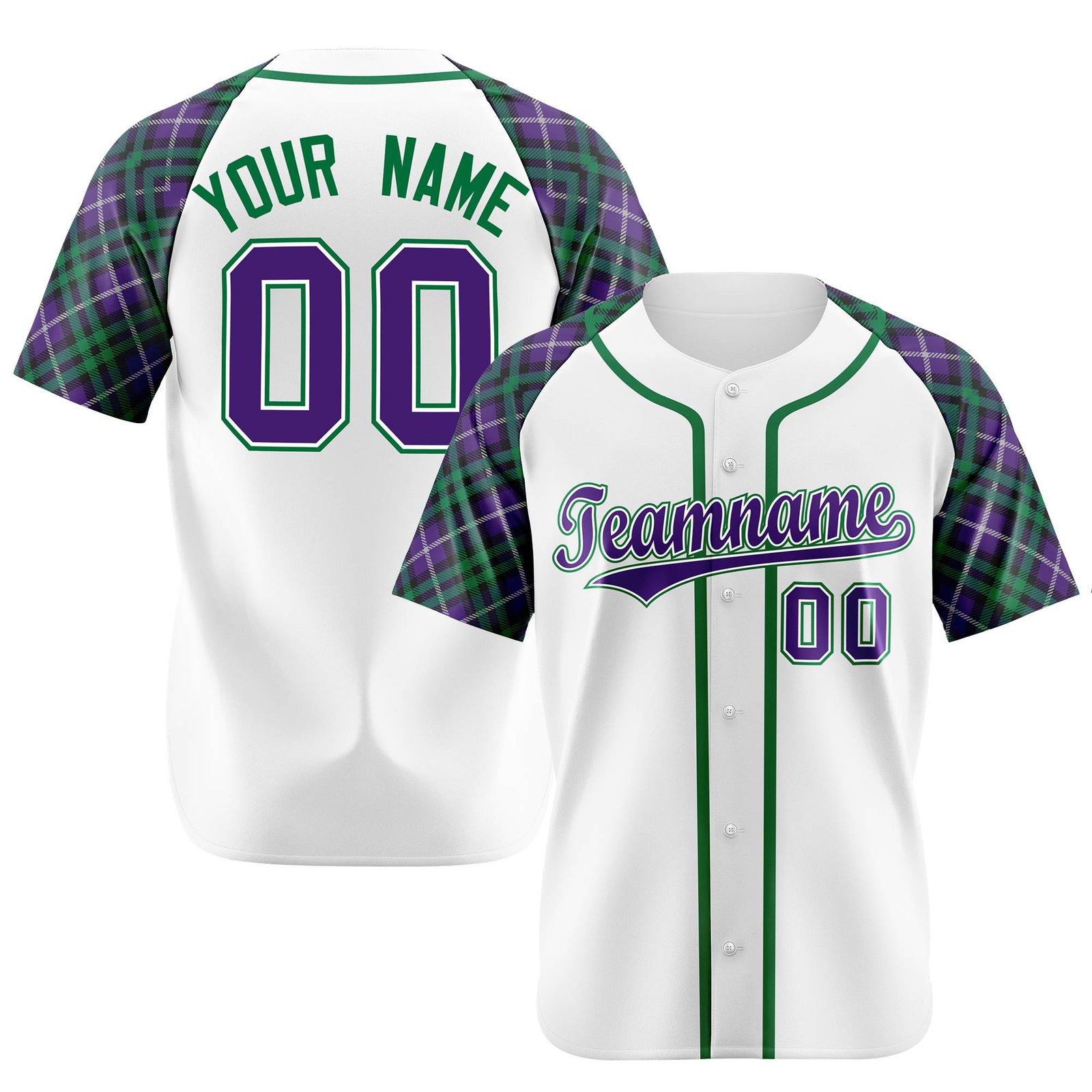 Custom White Purple-Green Authentic Plaid sleeve Baseball Jersey