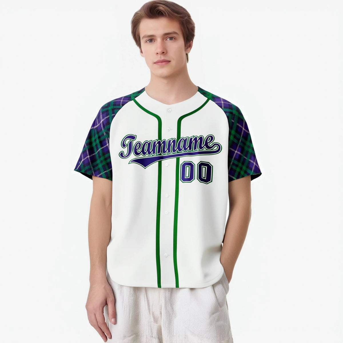 Custom White Purple-Green Authentic Plaid sleeve Baseball Jersey