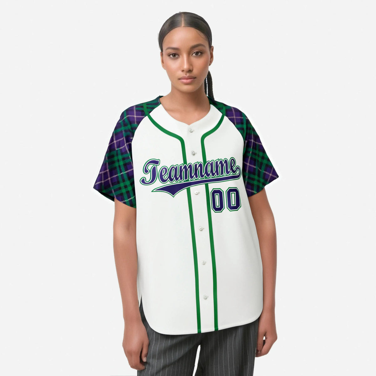 Custom White Purple-Green Authentic Plaid sleeve Baseball Jersey