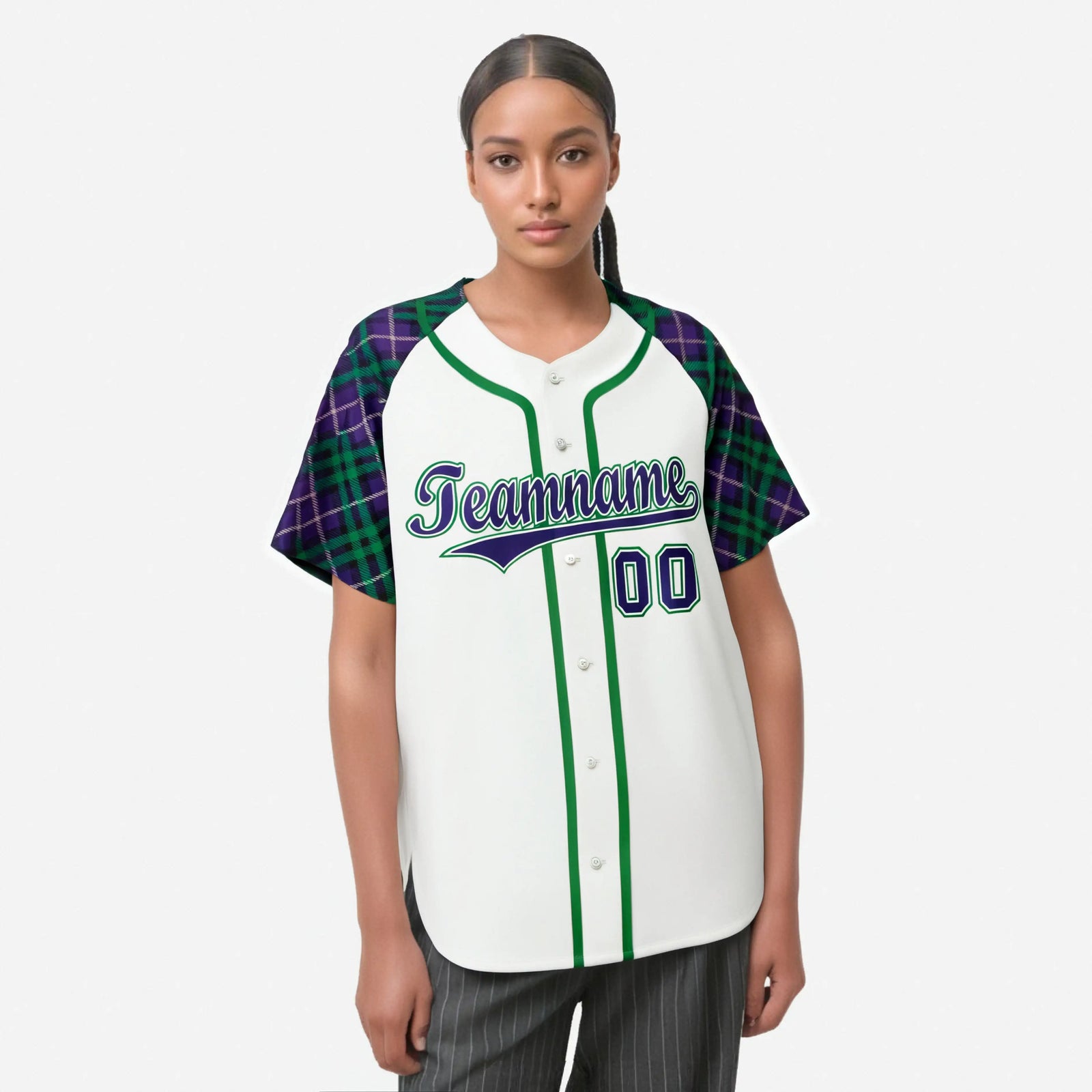 Custom White Purple-Green Authentic Plaid sleeve Baseball Jersey