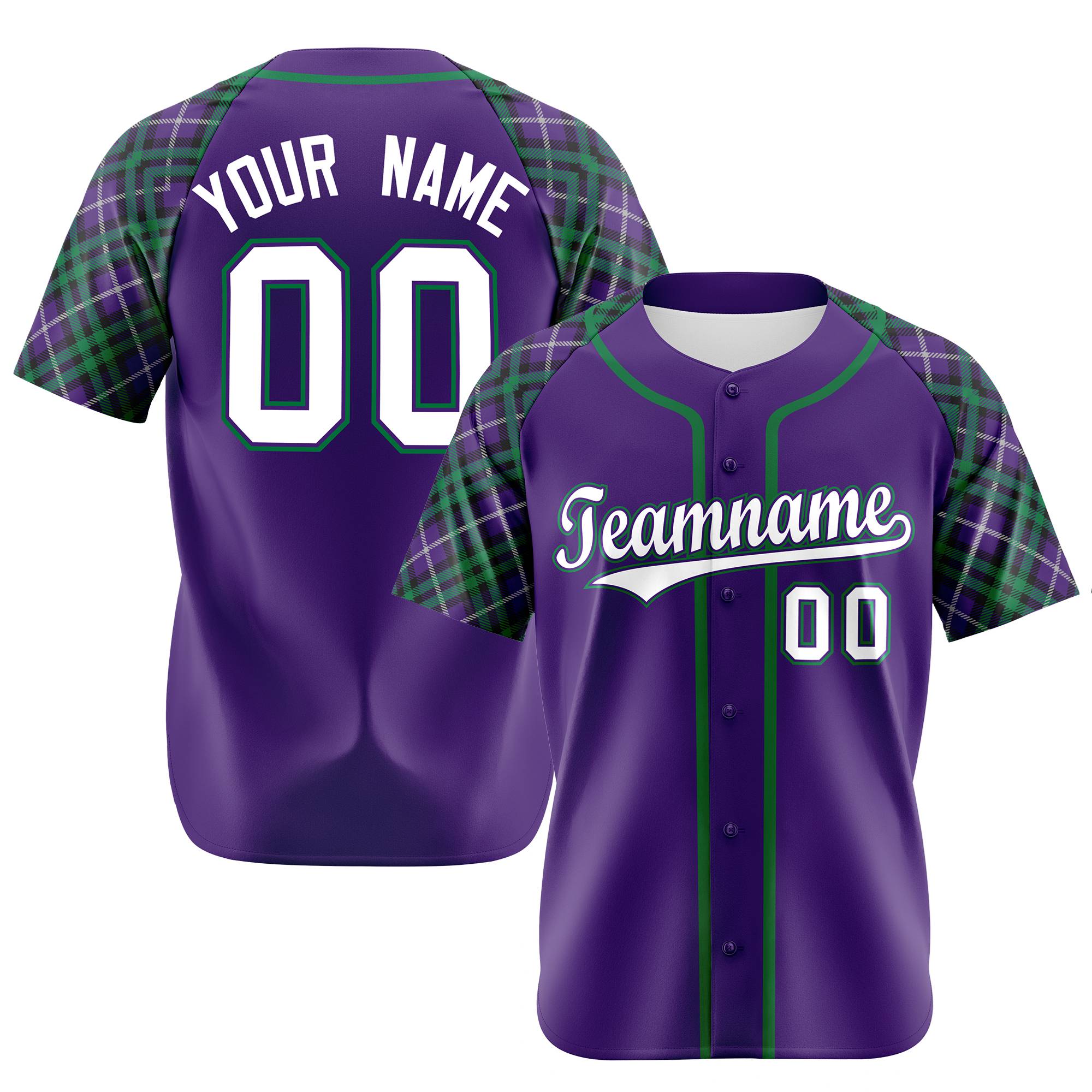 Custom Purple Green-White Authentic Plaid sleeve Baseball Jersey